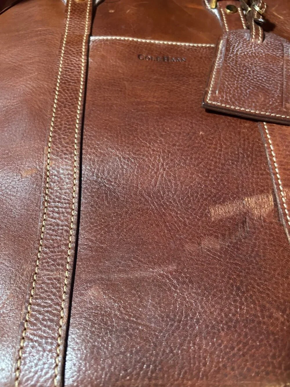 Mens Cole Haan Brown Pebbled Leather Vintage Weekender Duffel Travel Bag